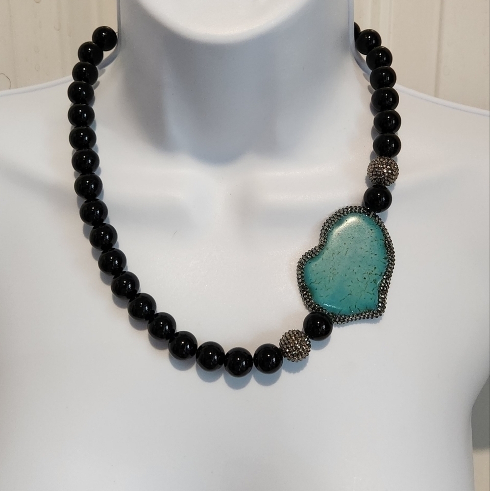 RONI Blanshay Black Onyx And Swarovski Crystal And Turquoise Heart Necklace NWOT